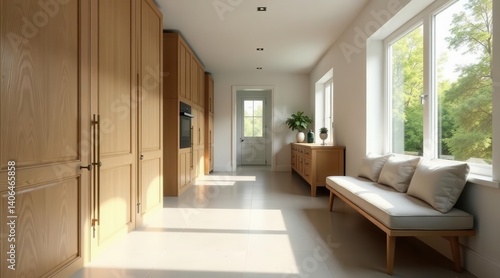 Obraz na płótnie Sunlit Hallway with Light Oak Cabinets and a Comfortable Bench w salonie