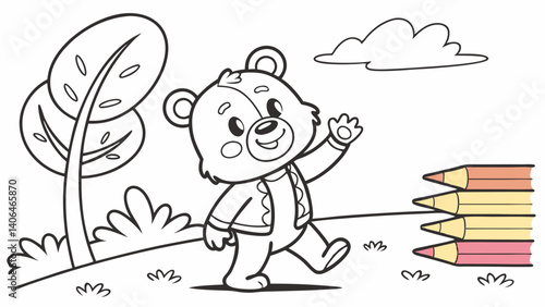 kids coloring page, a cuddly teddy bear waving, cartoonish, friendly, thick outlines