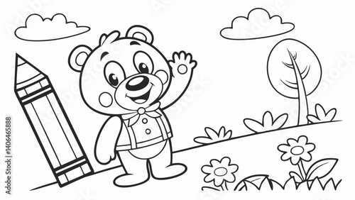 kids coloring page, a cuddly teddy bear waving, cartoonish, friendly, thick outlines
