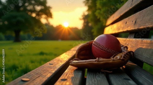 Golden Hour Serenity A Baseball Glove and Ball Resting on a Wooden Bench in a Tranquil Park at Sunset