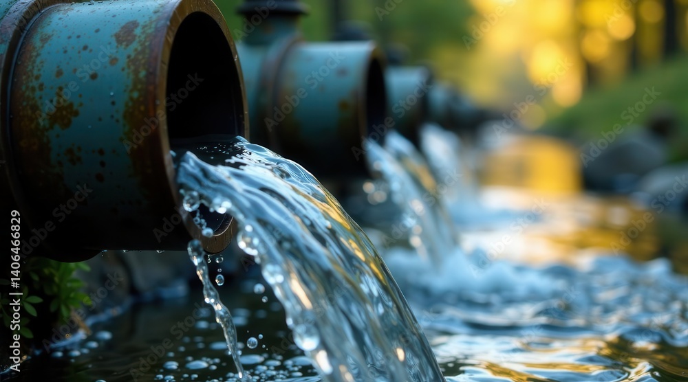 Refreshing Flow Clear Water Cascading from Rustic Pipes into a Serene Stream