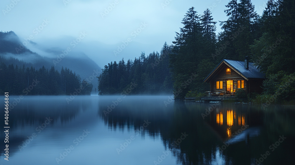 Fototapeta premium Warm lights from wooden cabin reflecting on calm lake at dusk