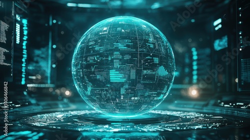 A futuristic, glowing digital globe surrounded by data displays, representing advanced technology and information visualization.