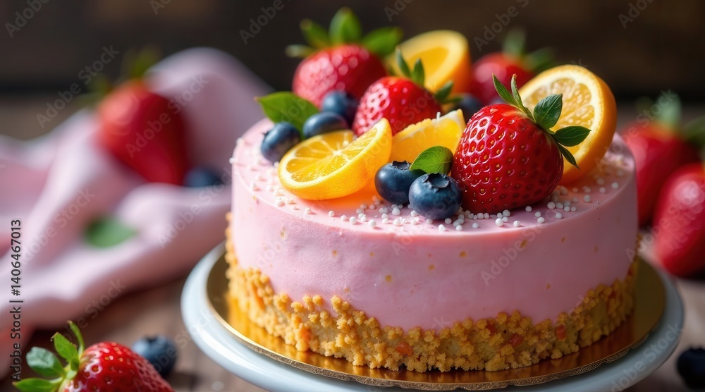 A delightful pink mousse cake adorned with fresh strawberries, blueberries, and orange slices, resting on a golden base, presented on a white cake stand