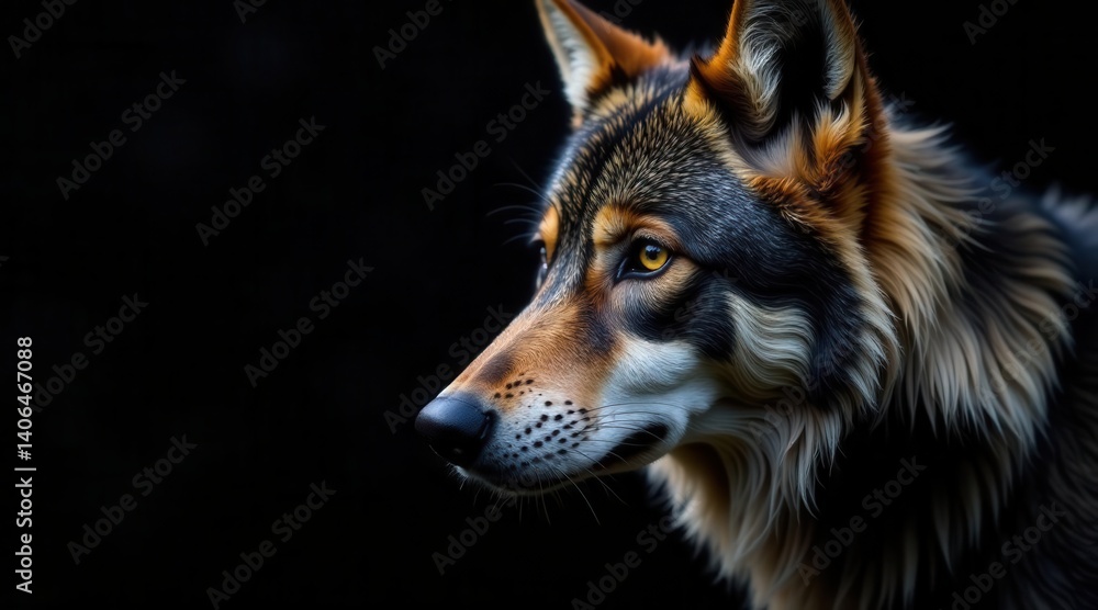 A Majestic Canine Profile Against a Dark Background, Showing Intricate Fur Detail and Striking Eyes