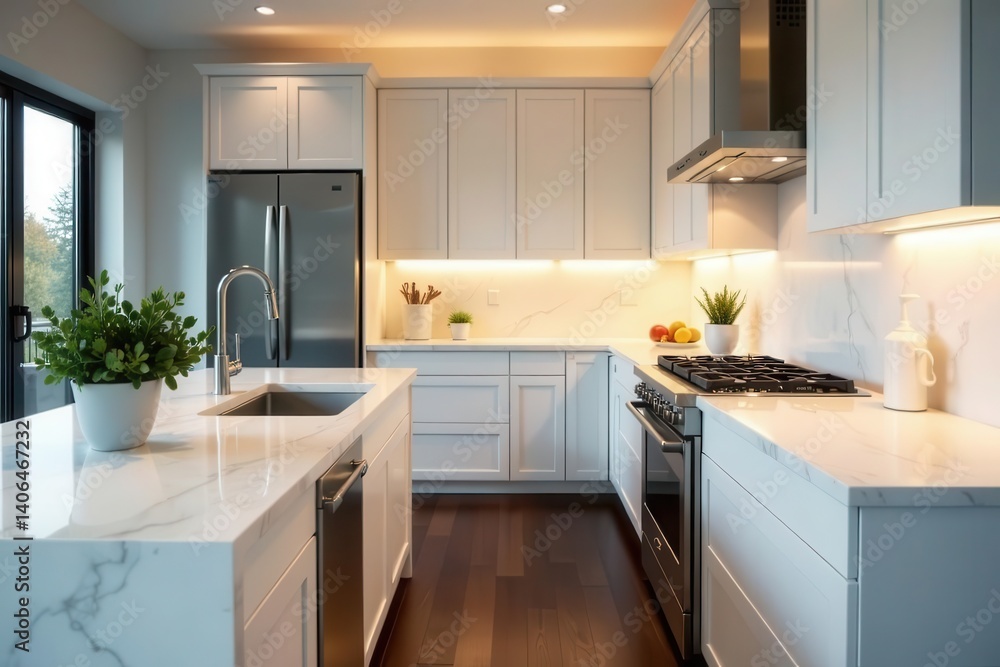 Modern kitchen design featuring sleek white cabinetry, marble countertops, and stainless steel appliances provides a bright and airy atmosphere