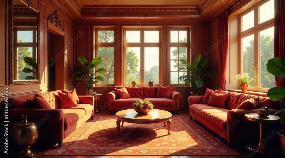 Sunlit Living Room with Rich Red Upholstery and Ornate Details