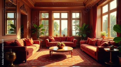 Obraz na płótnie Sunlit Living Room with Rich Red Upholstery and Ornate Details w salonie