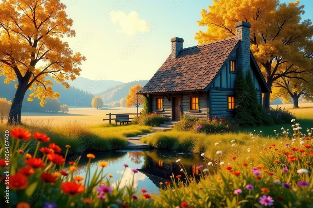 Serene Autumnal Cottage by a Reflecting Pond, Nestled Amongst Vibrant Wildflowers and Golden Trees on a Sunny Meadow
