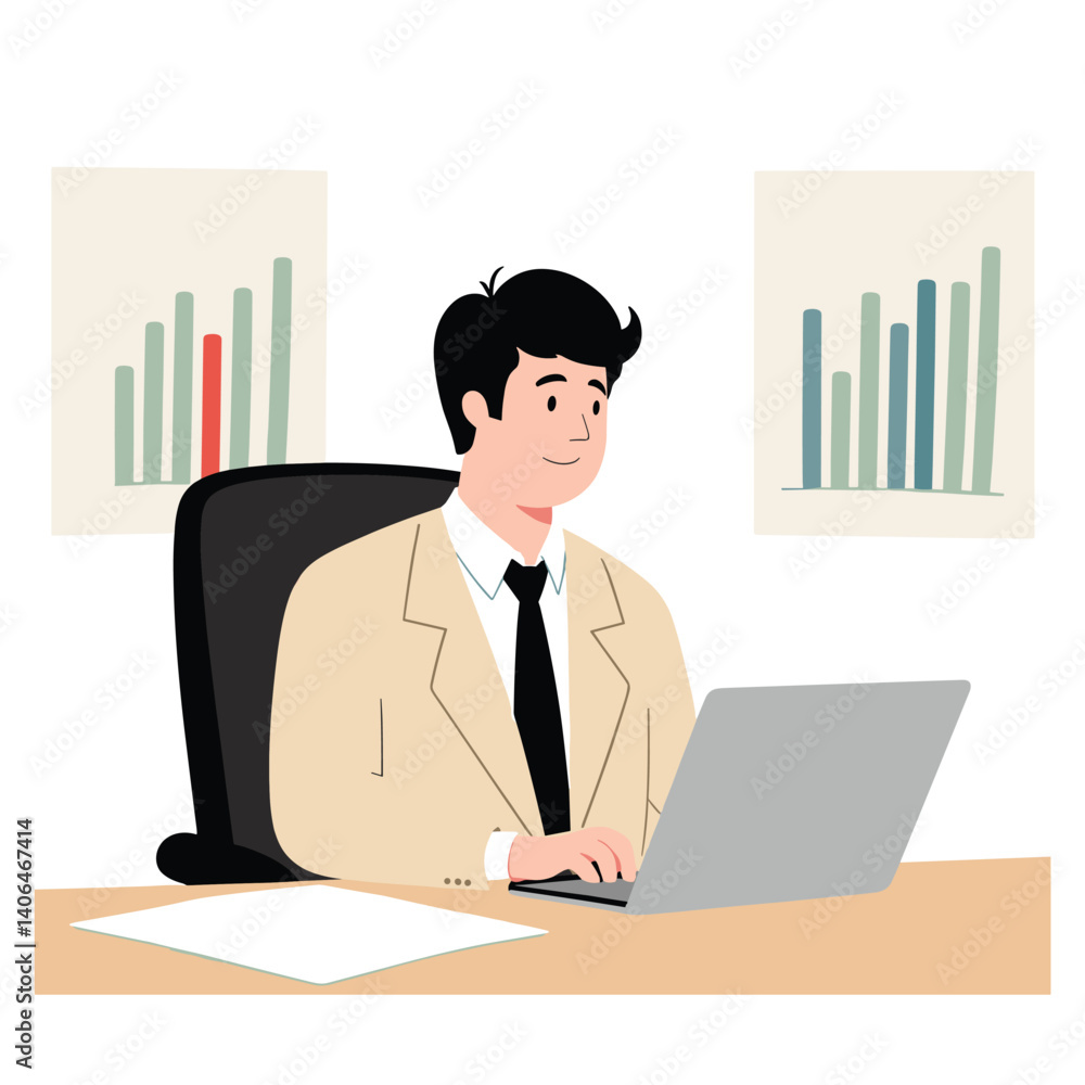 Professional man working at his desk using a laptop with charts visible in the background. Professional man working at his desk using a laptop with charts visible in the background.