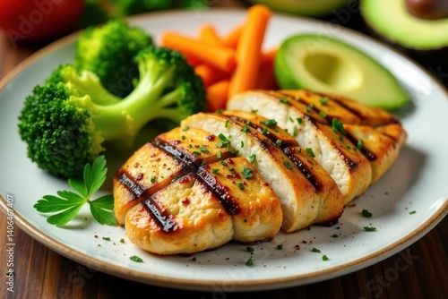 Obraz na płótnie Grilled Chicken Breast with Broccoli, Carrots, and Avocado Slices on a Plate w salonie