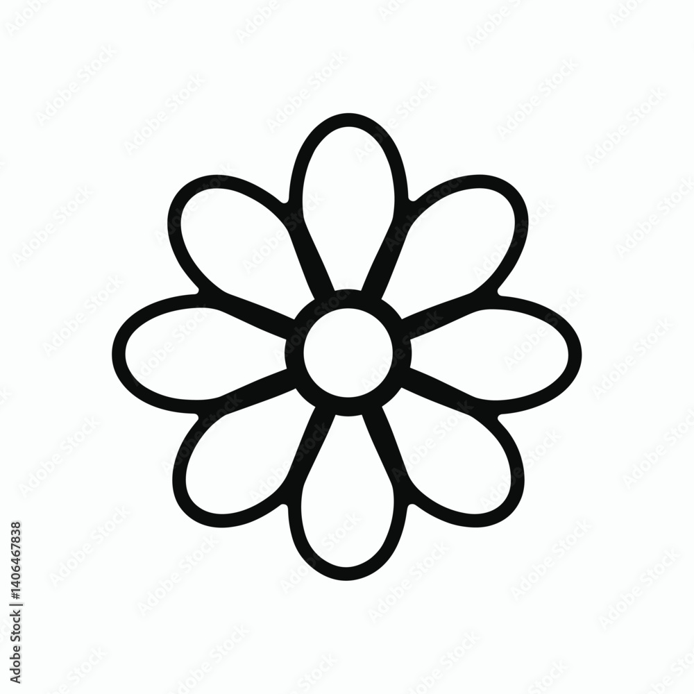 Stylized depiction of a flower with rounded petals surrounding a circular center, presented in monochrome.