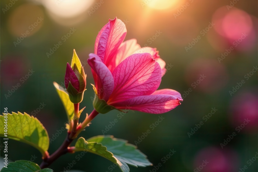 A Delicate Pink Blossom Bathed in Golden Sunlight, a Bud Awaiting its Turn