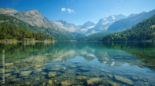 Fototapeta Naklejka Na Ścianę i Meble -  Pristine alpine lake reflecting majestic mountain and clear sky