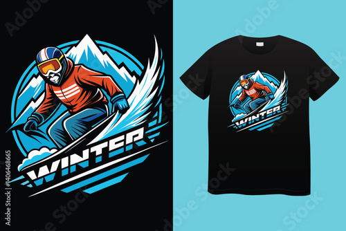 Ski winter sport vintage typography t shirt design with glasses and skier silhouette	