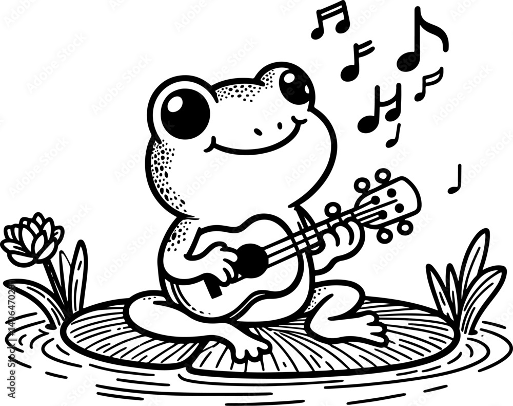 Frog Playing Ukulele. Coloring Book Page. Cartoon Illustration. Frog Playing Ukulele. Coloring Book Page. Cartoon Illustration.