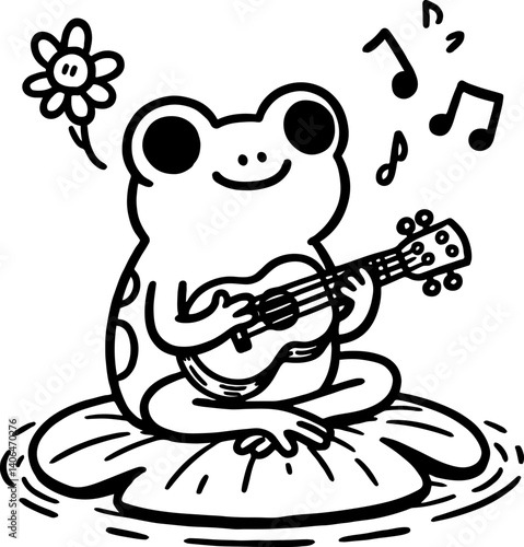 Frog Playing Ukulele. Coloring Book Page. Cartoon Illustration.