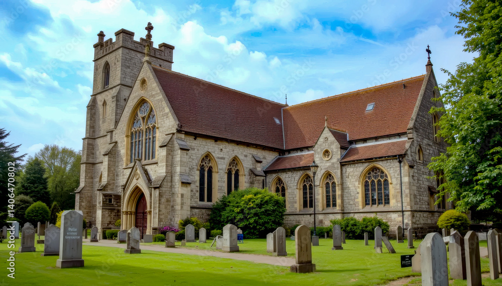A picturesque stone church stands adjacent to a well-maintained graveyard, bathed in sunlight under a vibrant blue sky. The architecture is traditional, and the scene is peaceful and serene. A picturesque stone church stands adjacent to a well-maintained graveyard, bathed in sunlight under a vibrant blue sky. The architecture is traditional, and the scene is peaceful and serene.