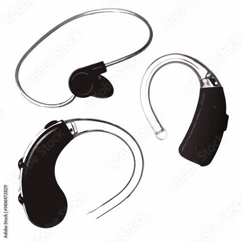 Hearing aids isolated on white background, one in black and one in white, showcasing the design and technology for people with hearing loss, offering a clear visual representation of assistive dev