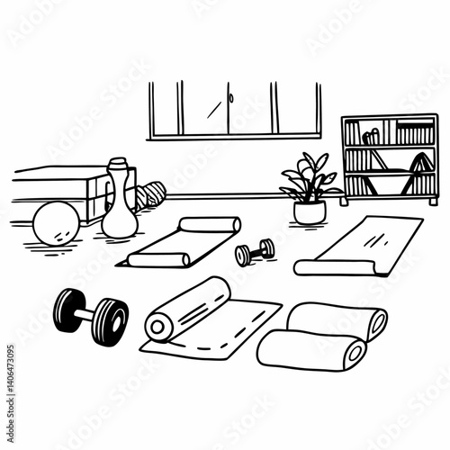 Home workout setup with yoga mats dumbbells and exercise equipment in a room with a window and bookshelf, children's book coloring 