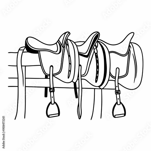 Three saddles are hanging on a wooden rack, showcasing equestrian equipment and tack, perfect for horse riding enthusiasts and western themed designs, isolated on white background