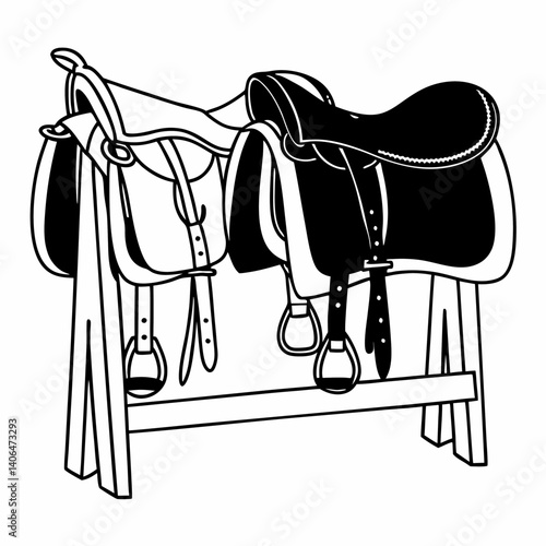Three saddles are hanging on a wooden rack, showcasing equestrian equipment and tack, perfect for horse riding enthusiasts and western themed designs, isolated on white background