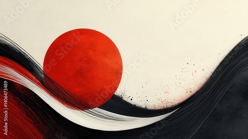 A minimalist abstract design featuring a large red circle and flowing black and white waves against a cream-colored background.