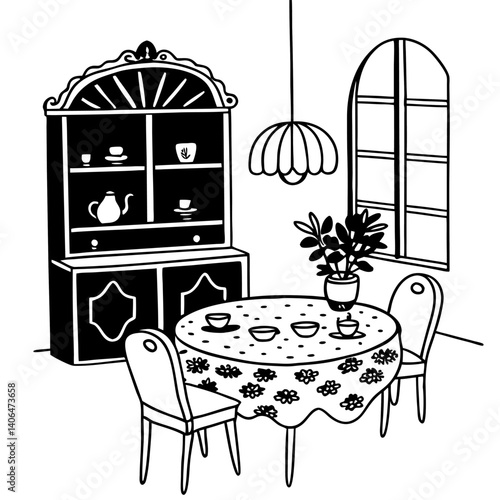 Cozy dining room interior isolated on white background a hand drawn of a dining area featuring a round table with a tablecloth, chairs, a china cabinet, and a window with curtains