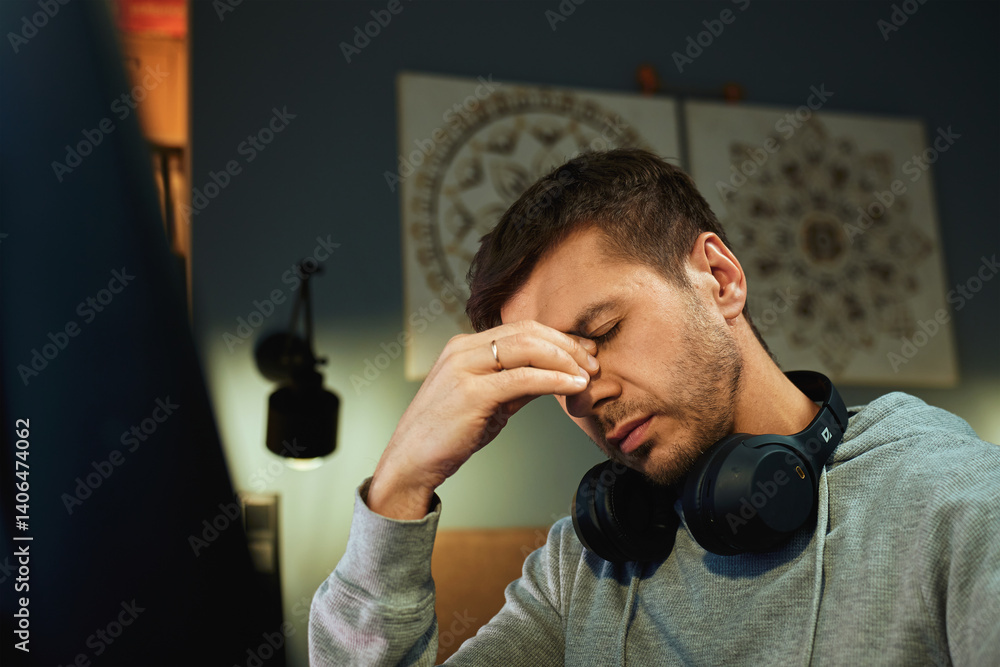 Tired man rubs eyes while working at computer. Fatigued freelancer working late at home office. Concept of stress and mental fatigue during remote work