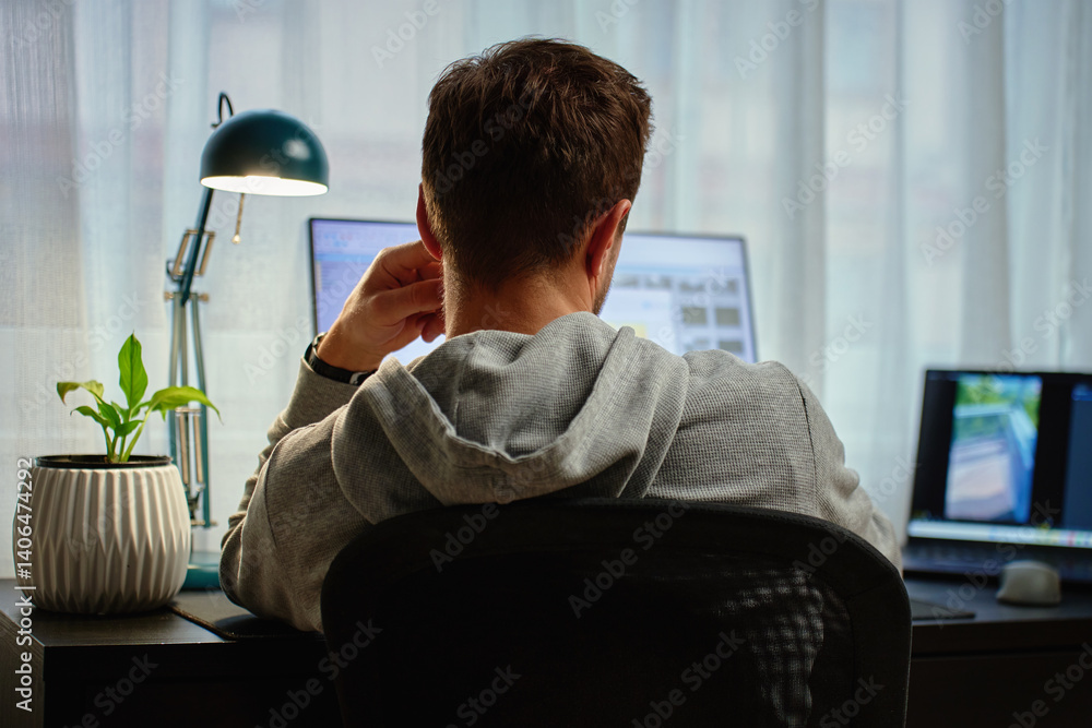 Man in gray hoodie working at computer desk with dual monitors and lamp in background. Freelancer working remotely at home office. Concept of remote work and productivity