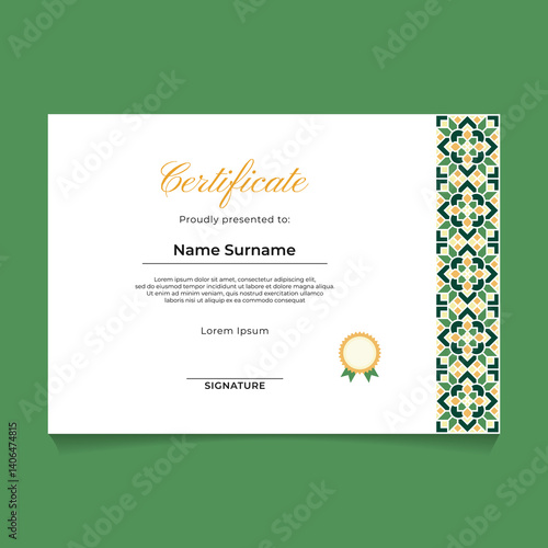 Certificate Template Design with Oriental Mandala Geometric Ornament on The Right Side