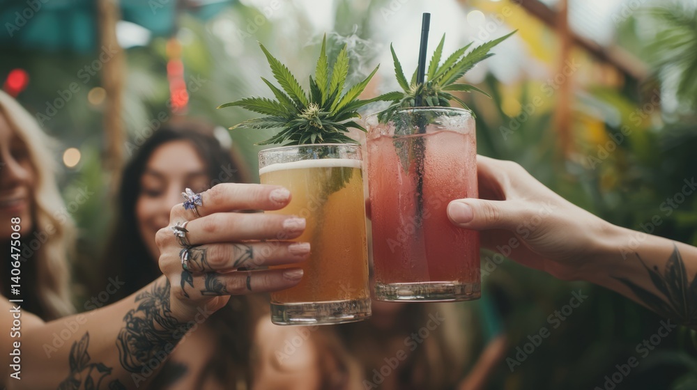 Joyful Cannabis Celebration with Refreshing Drinks and Friends