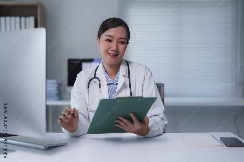 Asian female doctor wearing a stethoscope and white coat is sitting at her desk in her office, smiling and looking at a computer monitor while holding a clipboard and talking to a patient online Asian female doctor wearing a stethoscope and white coat is sitting at her desk in her office, smiling and looking at a computer monitor while holding a clipboard and talking to a patient online