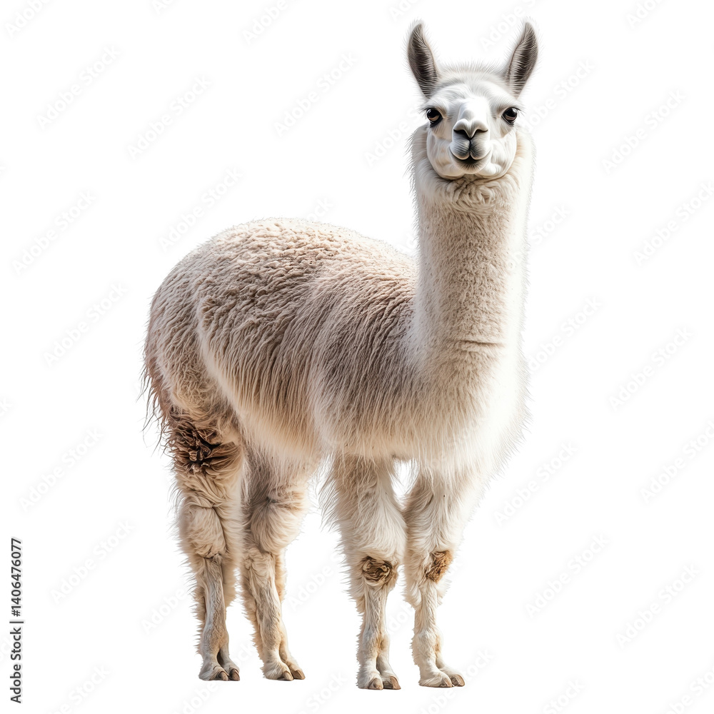 Obraz premium Cute llama standing in full view isolated on transparent background 