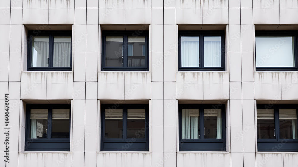 Concrete grid facade with symmetrical windows and soft neutral tones, creating a balanced urban rhythm under overcast light. Concrete grid facade with symmetrical windows and soft neutral tones, creating a balanced urban rhythm under overcast light.