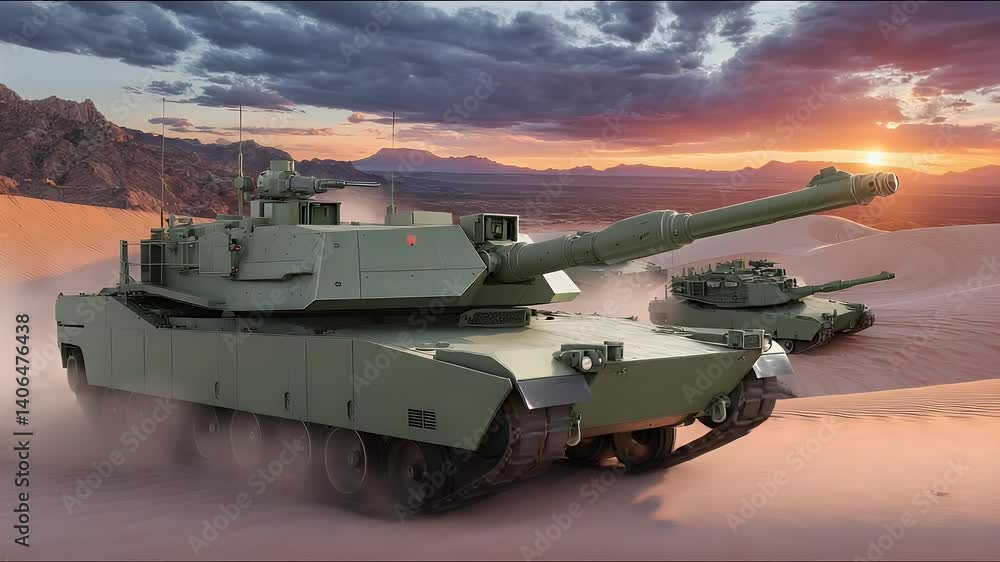 Armored vehicles traverse sandy terrain under a dramatic sunset sky. Heavy equipment for defense in the desert Armored vehicles traverse sandy terrain under a dramatic sunset sky. Heavy equipment for defense in the desert
