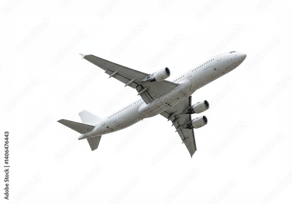 An airplane flying in the sky with a white background on a clear day with engines visible well lit An airplane flying in the sky with a white background on a clear day with engines visible well lit
