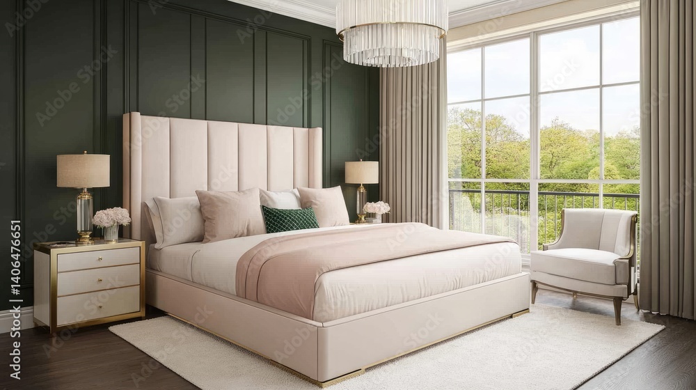 Fototapeta premium Luxurious, blush-toned bedroom with dark green accent walls.