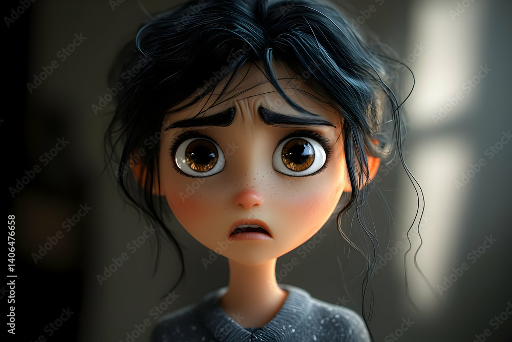 3D Render of a Sad Cartoon Girl with Large Eyes and Freckles, Showing Worry and Concern 3D Render of a Sad Cartoon Girl with Large Eyes and Freckles, Showing Worry and Concern