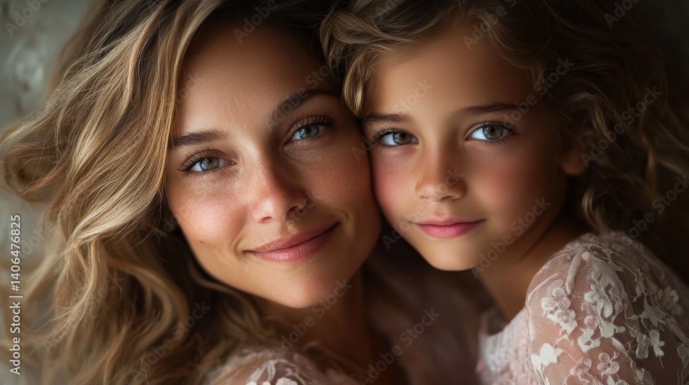 Obraz premium A heartwarming portrait of a mother and daughter, showcasing their joyful expressions and close bond, with soft lighting enhancing the intimate moment.