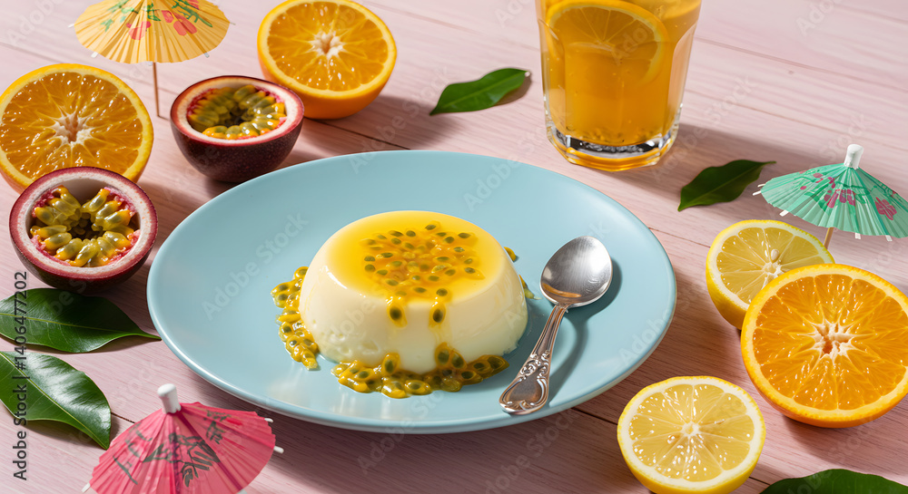 Vibrant Passionfruit Panna Cotta with Seeded Gelée and Citrus Accents, Presented on a Festive Pink Table Setting Vibrant Passionfruit Panna Cotta with Seeded Gelée and Citrus Accents, Presented on a Festive Pink Table Setting