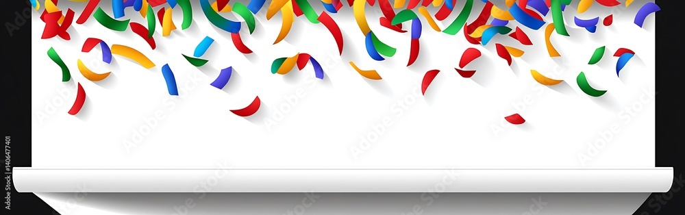 Festive confetti background with blank white scroll for announcements Festive confetti background with blank white scroll for announcements