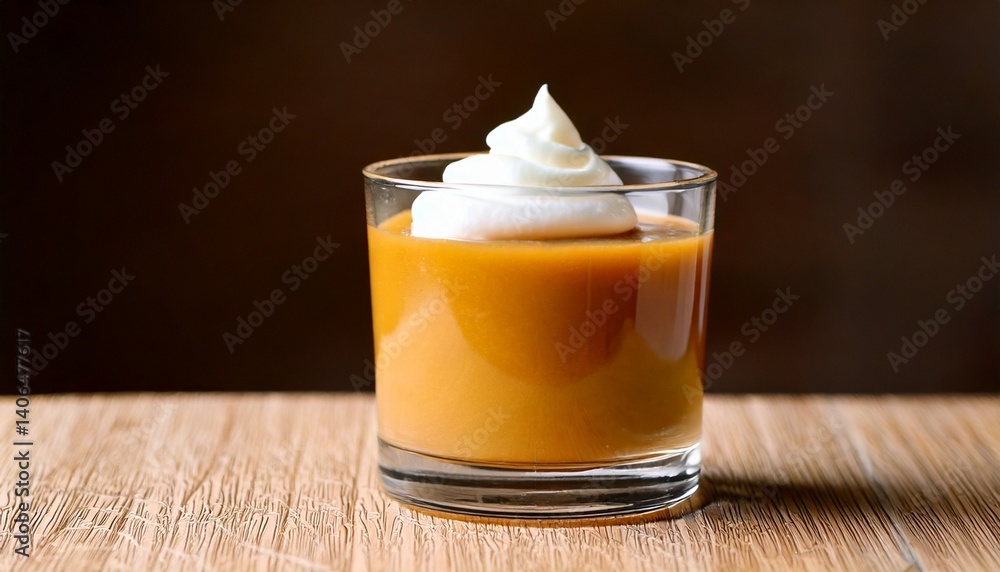 Close up image of Butterscotch Pudding in a glass with white cream decoration on top Close up image of Butterscotch Pudding in a glass with white cream decoration on top