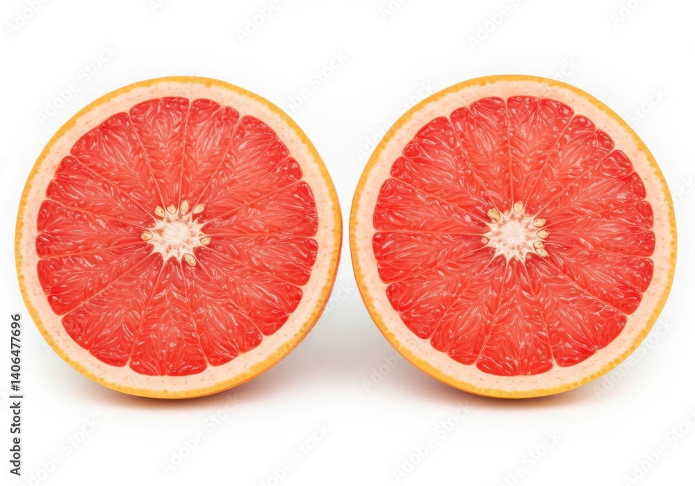 Two grapefruit halves with pink flesh and yellow rind isolated on a white background surface close up view