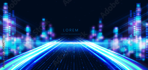 Futuristic smart city night skyscrapers on dark blue background.