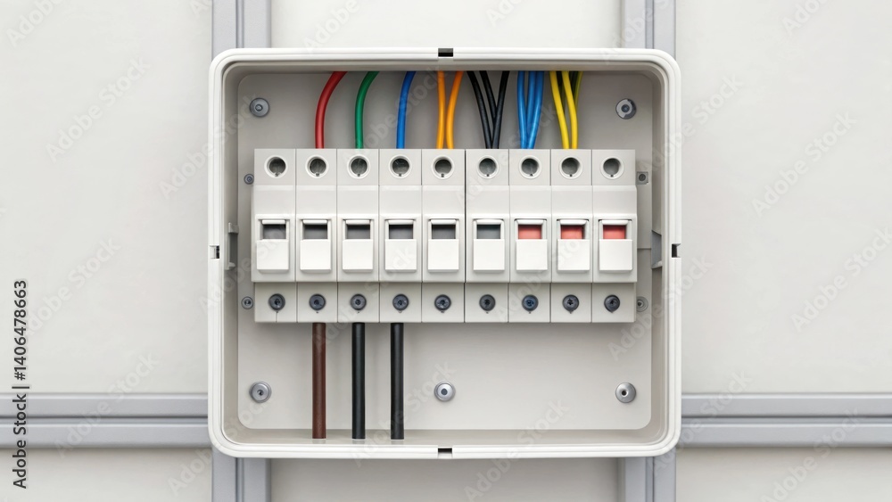 Electrical fuse box with multicolored wires and switches Electrical fuse box with multicolored wires and switches