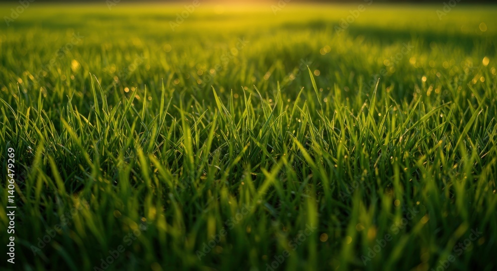 Fototapeta premium Fresh green grass field at dawn. Natural lawn background for environmental protection message, springtime season greeting card and earth day template