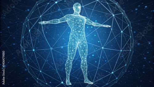 3D wireframe model of human figure surrounded by digital sphere. Virtual identity and biotechnology concept