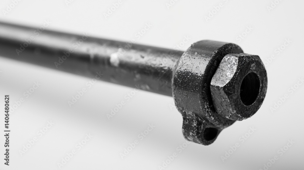 Close-up of a metallic pipe fitting showcasing wear and tear in a workshop environment with industrial tools nearby Close-up of a metallic pipe fitting showcasing wear and tear in a workshop environment with industrial tools nearby