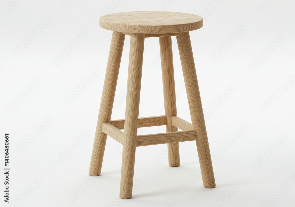 A simple light wooden stool with round seat and four legs on a plain white background studio shot A simple light wooden stool with round seat and four legs on a plain white background studio shot